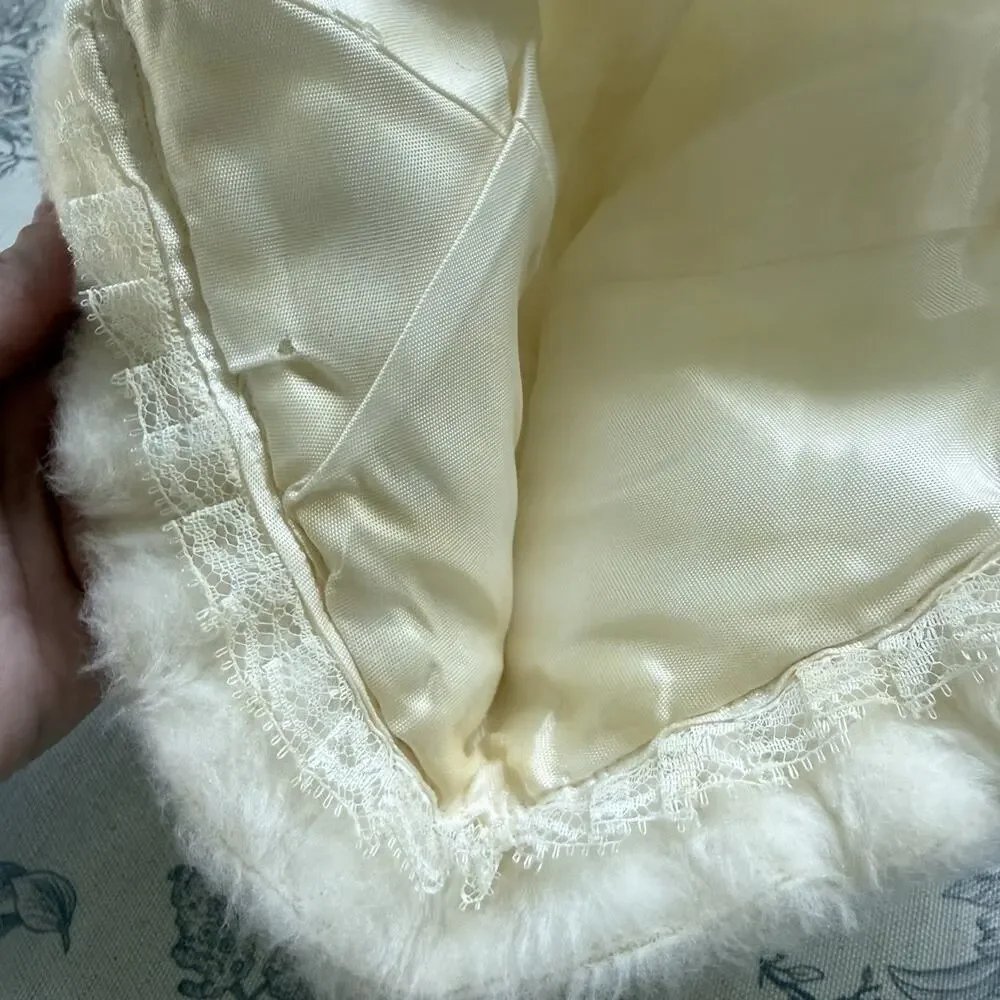 Vtg Antique Baby Bonnet Faux Fur Heirloom White Silk Ribbon Satin Lined 20s